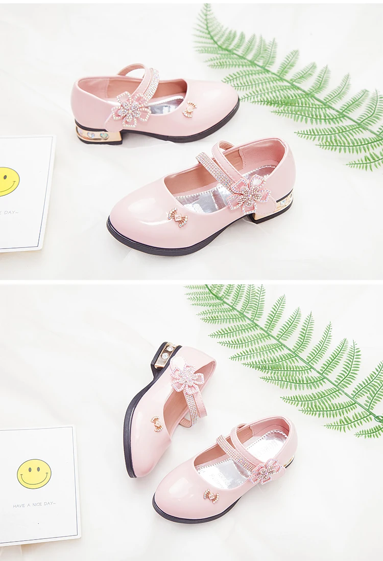 JGSHOWKITO/детская обувь из лакированной кожи для средних и больших девочек; вечерние туфли принцессы для танцев; стразы; модная обувь на каблуке с цветочным рисунком