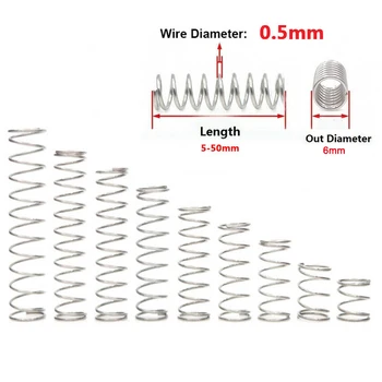

10Pcs Compression Spring 304 Stainless Steel Non-corrosive Tension Spring Wire Dia 0.5mm Outer Dia 6mm Length 5-50mm