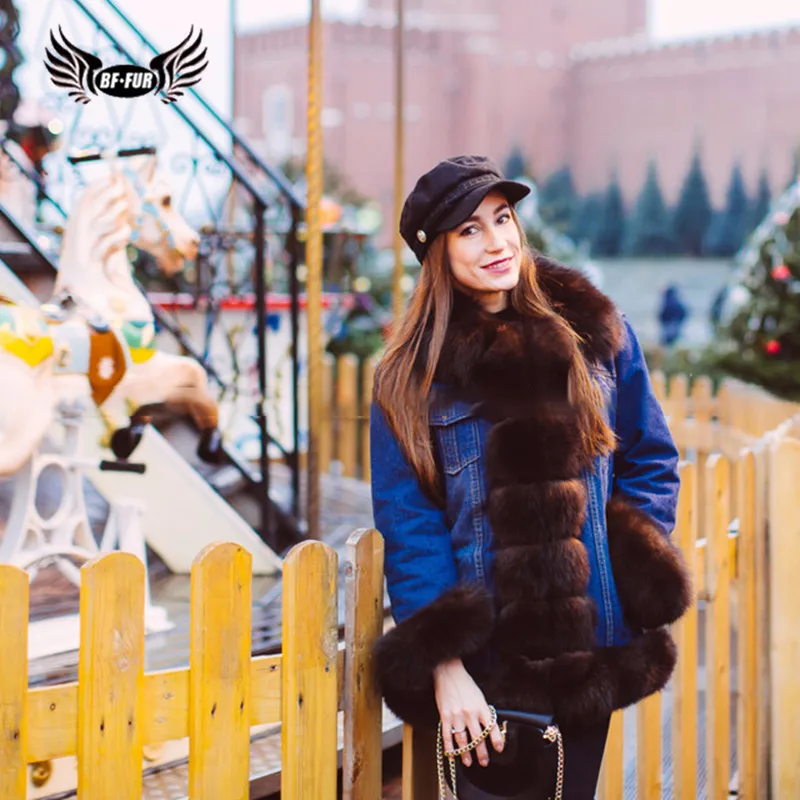 BFFUR 2018 New Arrival Real Fox Fur Coats Women Winter Denim Clothes Fur Collar Casual Jacket Lady Fur Parka Thick Warm Fur Coat Coats