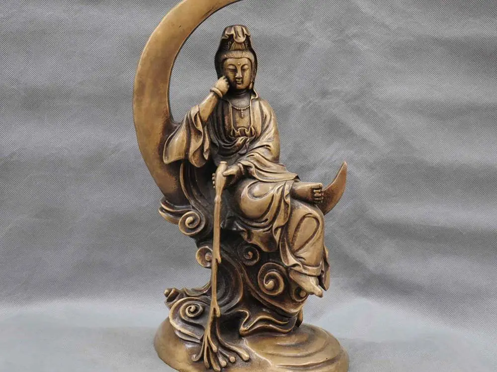 

13" China Kwan-yin Guanyin Buddha Sit Moon Bronze Statue