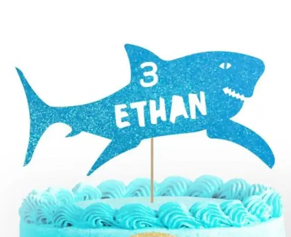 Decoration De Gateau A Paillettes Personnalisee Avec Nom Et Age Requin Bleu Poisson Pour Anniversaire Garcon Fete Prenatale Bapteme Aliexpress