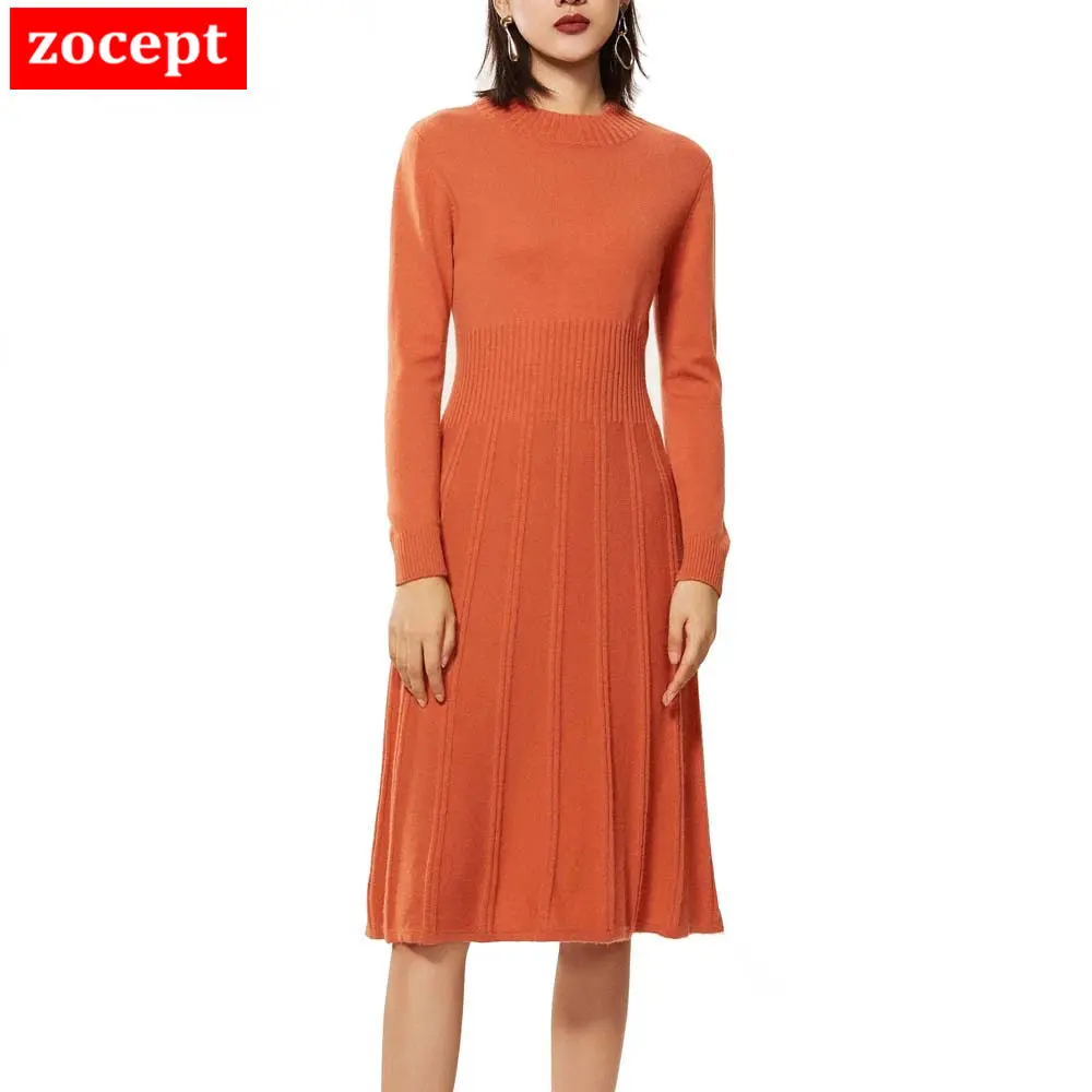 

Sweater Dress Women 2019 Autumn Winter England Style High Grade 100% Goat Cashmere Fluffy Striped Knit Pleated Long Dresses