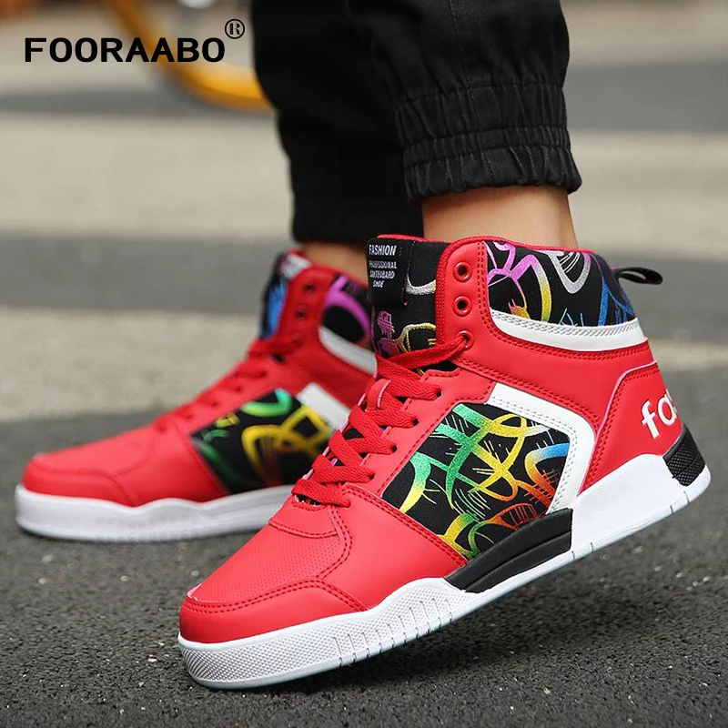 buy Fooraabo 2018 New Print Luxury Mens Casual Shoes Flat Autumn High Top Mens Sneaker Winter New Lace up Hip Hop PU Leather Shoes