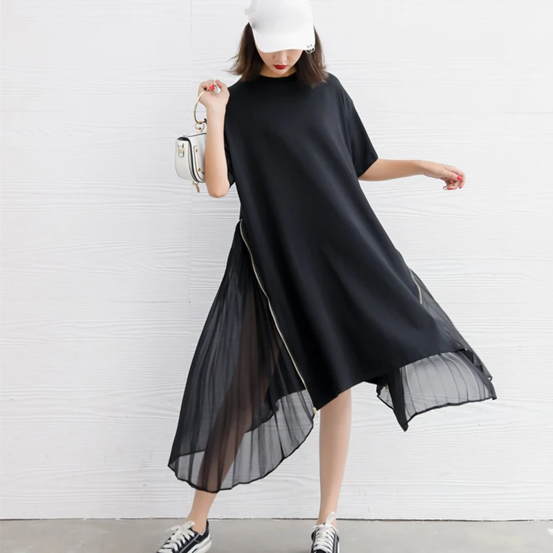 [EAM] весенне-летнее женское новое черное платье с коротким рукавом и О-образным вырезом, Длинное свободное Плиссированное шифоновое асимметричное платье LI435
