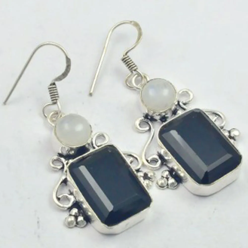 

Rainbow Moonstone & Black Cut Stone Earrings Silver Overlay over Copper, USA Size 49mm , E3585