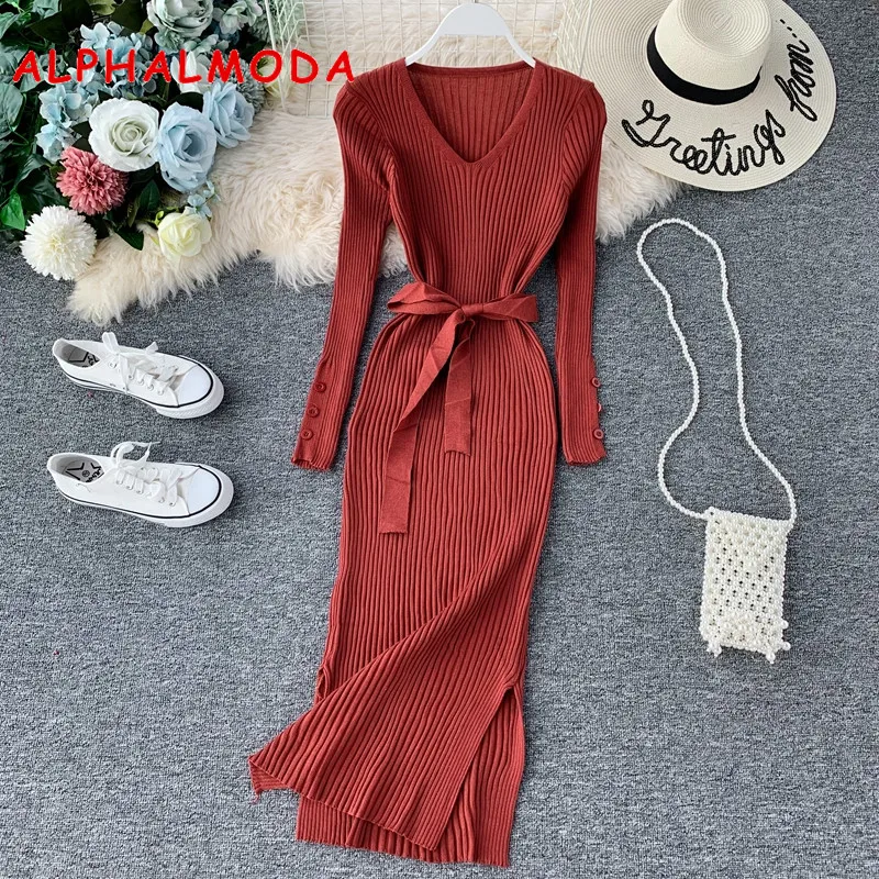 Женское трикотажное платье ALPHALMODA с V образным вырезом поясом длинными рукавами