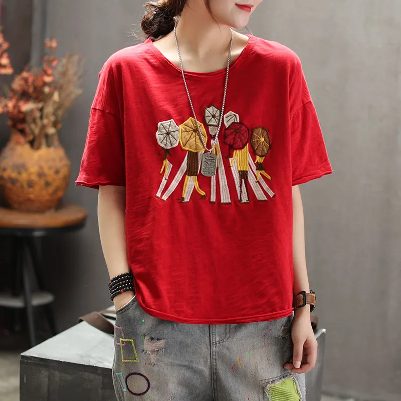 

QPFJQD Vintage Women'S Cotton T-Shirts Cartoon Cute Embroidery Tees Summer Casual Tunic Tops Female O Neck Tshirt Blusas Spring