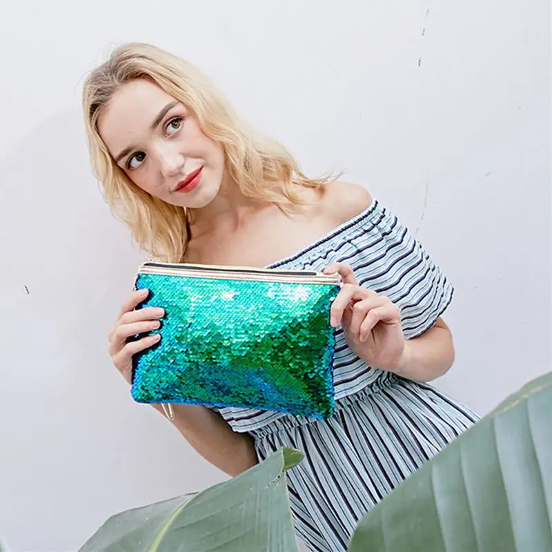 Glamour Mermaid Sequin Cosmetic Bag Travel Clutch Portable Makup Bag Neceser Women Fashion Zipper Toiletry Kit Beauty