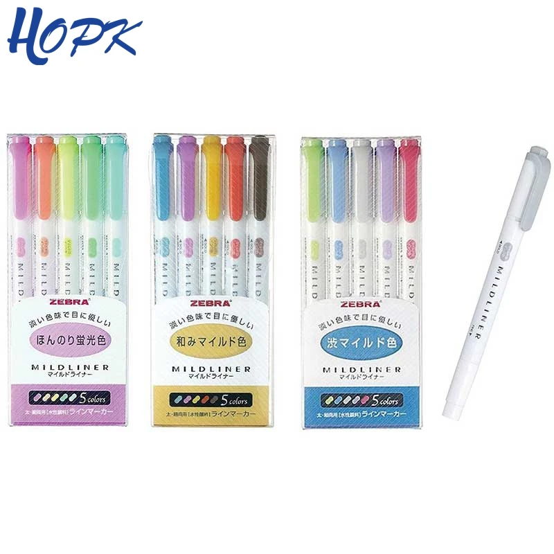 

HOPK 5 Color Set (WKT7-5C) Zebra MILDLINER Highlighter Pen Double Headed Drawing Marker Pens apanese Zebra Mild Liner Stationery