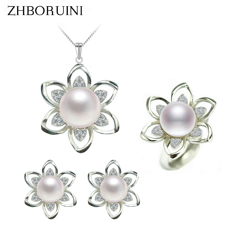 

ZHBORUINI 2019 Pearl Jewelry Sets Natural Freshwater Pearls Flower Necklace Earrings Ring 925 Sterling Silver For Women Gift