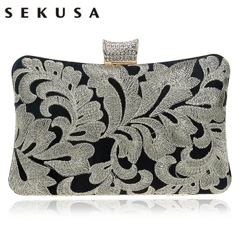

SEKUSA Vintage Embroidery Clutch Diamonds Women Evening Bags Chain Shoulder Purse Evening Bag For New Year Christmas Gift Clutch