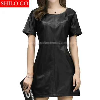 

SHILO GO Fashion Street Women Black O-Neck short sleeve zipper Formal Office Sheepskin Genuine Leather Pencil Dress Ladies Dress