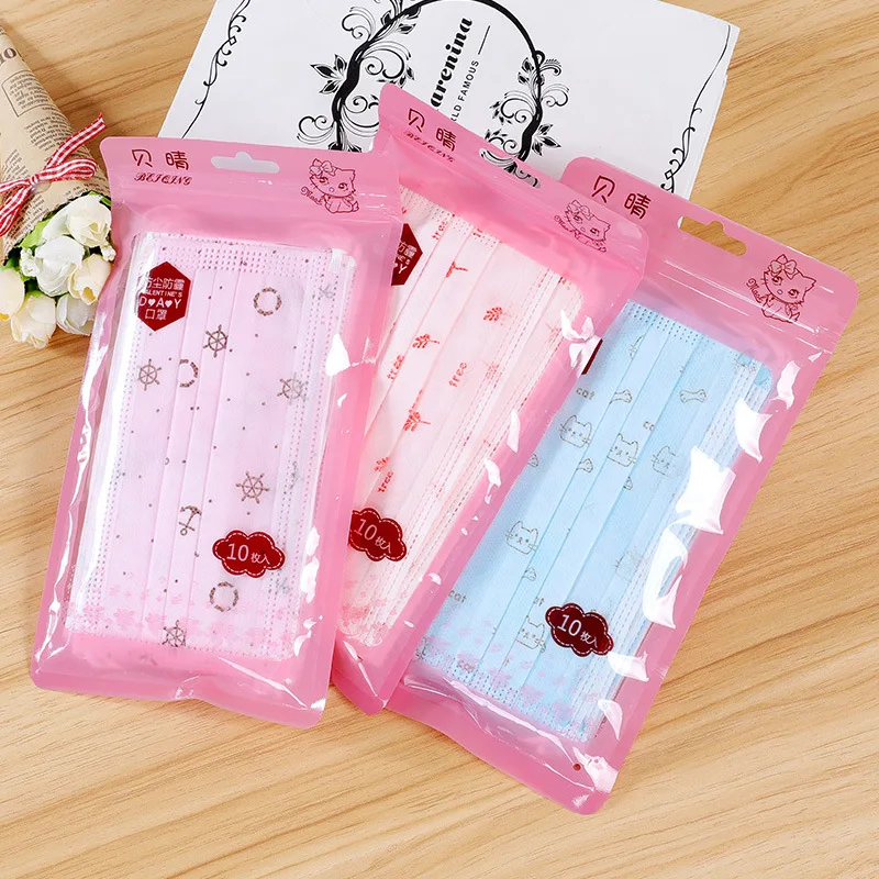 

10Pcs/set Cartoon Flower Trees Three-layer non-woven dustproof respirator Pink Blue Printed Disposable masks for men and women