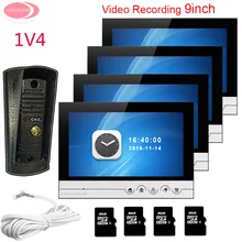 For 4 Apartments 9” Home Video Door Phone Video With Recording + 8GB TF Card System Unit 1 Night Vision Metal Waterproof Camera