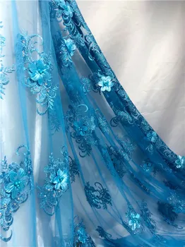 

2018 Latest african tulle french lace 3D flowers fabric high quality nigerian wedding african lace gold Sky blue green white