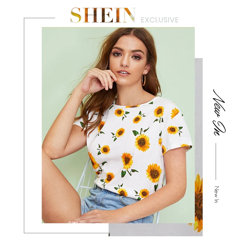 SHEIN топ с принтом подсолнуха женская одежда Повседневная Белая Летняя футболка с коротким рукавом и круглым вырезом Корейская одежда топы