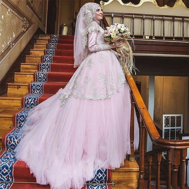 Arabisch Roze Moslim Trouwjurk Dubai Hoge NeckWith Hijab Kant Baljurk Trouwjurk Vestdio Noiva|de noiva|wedding dress turkishmuslim wedding dress -