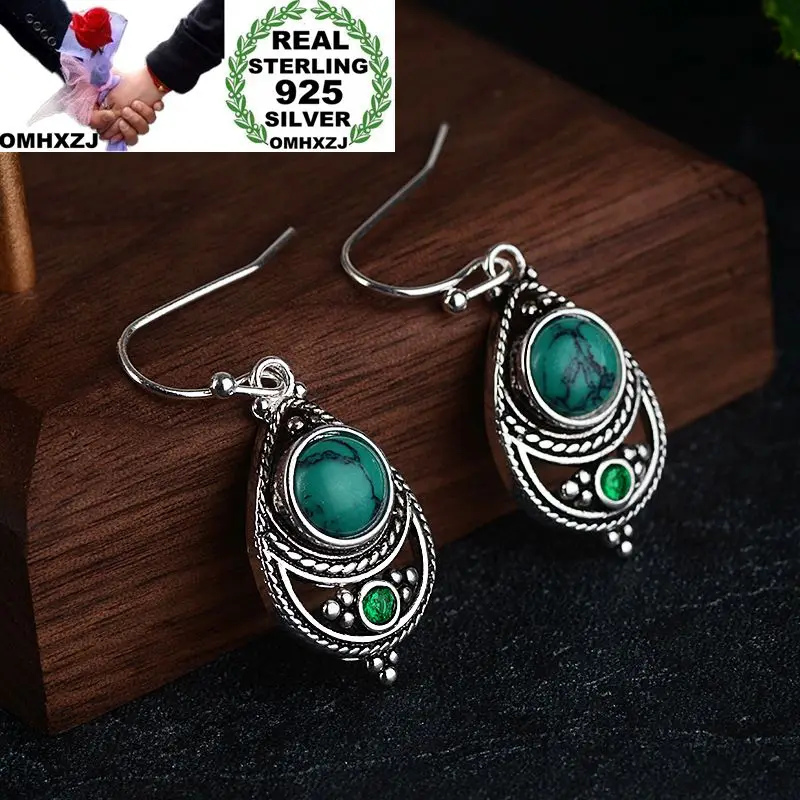 

OMHXZJ Wholesale European Fashion Woman Girl Party Wedding Gift Geometric Turquoise S925 Sterling Silver Drop Earrings EA420