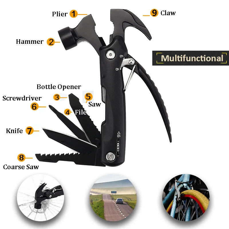 Cena Wielofunkcyjny młotek domowy młotek bezpieczeństwa narzędzia ręczne, przenośny młotek bezpieczeństwa ratunkowego odkryty Camping składany młotek nóż