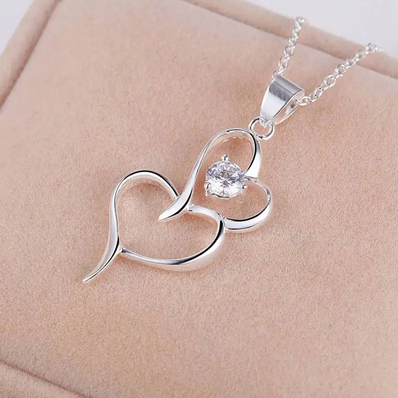 

Silver Lovely Necklace Double Heart With CZ Nice Necklace For Women AN170