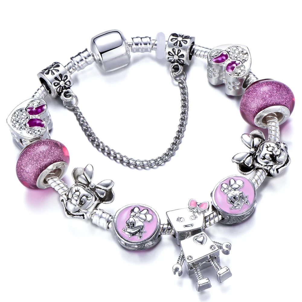 Mickey Crystal Beads Charm Bracelets With Robot Pendant Snake Chain