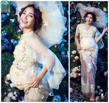 

Lace Sexy Maternity Dresses Photography Props Flower Maternity Dresses Evening For Photo Shoot Pregnant Clothes Long Dress BB140