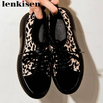 

Lenkisen large size leopard kid suede round toe thick bottom waterproof lace up sneakers British school vulcanized shoes L1f7