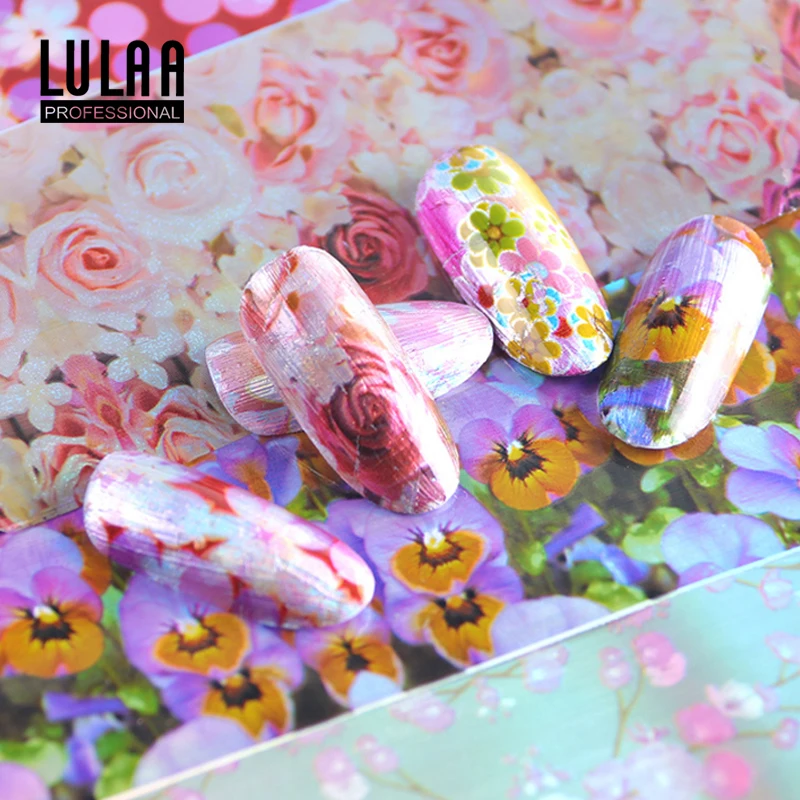 

LULAA Laser Starry Nail Stickers 16 Color Cute Flower Series Art Stickers Full Cover Waterproof Nail Sticker Wraps Toenail DIY
