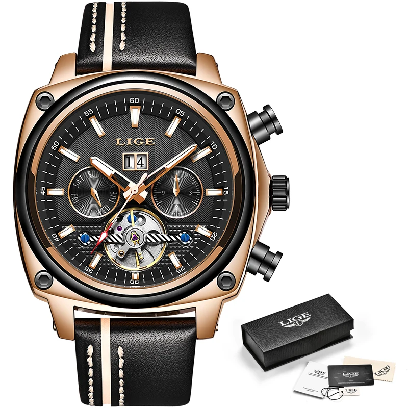 Новый 2018 LIGE роскошный скелет Tourbillon спортивные часы для мужчин автоматические