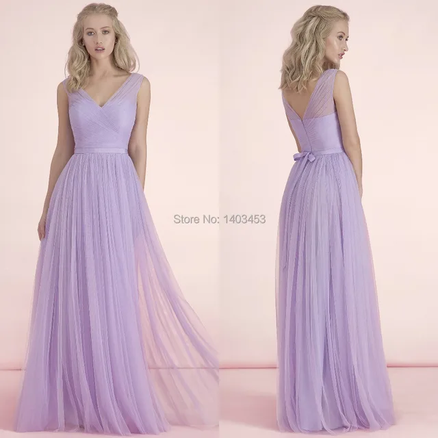 Vestido De Madrinha Kelsey Rose 2017 New Pastel Lavender Tulle V Vestido De Madrinha Kelsey Rose 2017 New Pastel Lavender Tulle V Neck Long Bridesmaid Dress Pleating