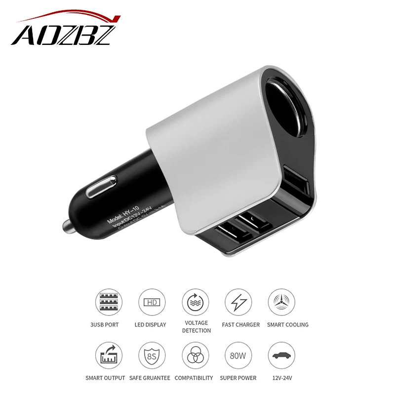 

Car Cigarette Lighter Socket Car Charger Adapter with Volmeter Support Smart Fast Charge DC 12-24V HY10 3.1A 3-USB