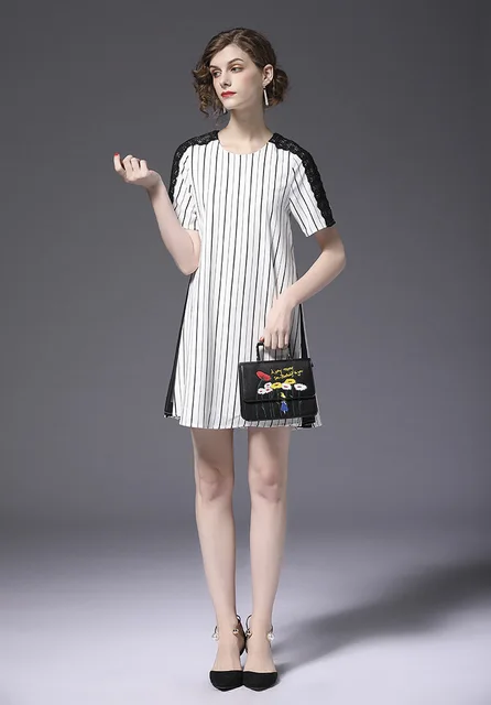 New Arrive Female Sundress Black White Striped O Neck Mini Dress ...