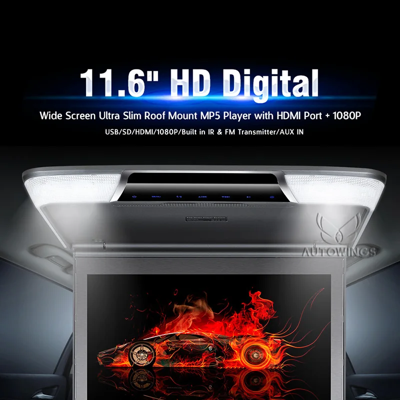 Discount 11.6 inch Full HD 1920*1080 TFT Car Monitor Roof Mounted Overhead for Car Flip Down Monitor-Set Video Player Display USB SD HDMI 2
