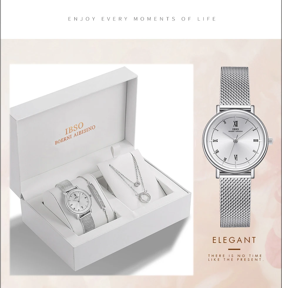 IBSO женские кварцевые часы набор кристалл дизайн браслет ожерелье комплекты с часами Женский комплект украшений модный серебряный набор часы женский подарок