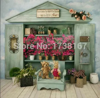 

Green Wood Cottage Pink Flower Leaves Teddy Bear Wood Floor backdrop Vinyl High quality Computer print wall Backgrounds