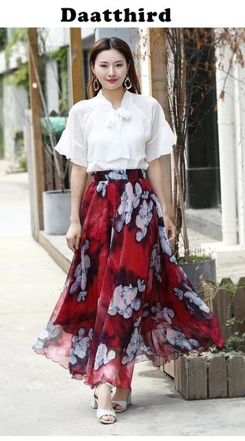 Jupe Longue De Plage Pour Femmes Imprime Floral Cercle Ligne A Taille Haute Streetwear Pour Vacances Grandes Tailles Ete 2019 Jupes AliExpress