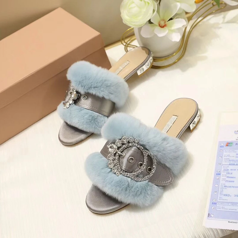 

Fur Furry Slide Sweet Feather Flats Bottom Beach Female Sandals Hair Flip Flops Women Buckle Decor Outside Crystal Heels shoes