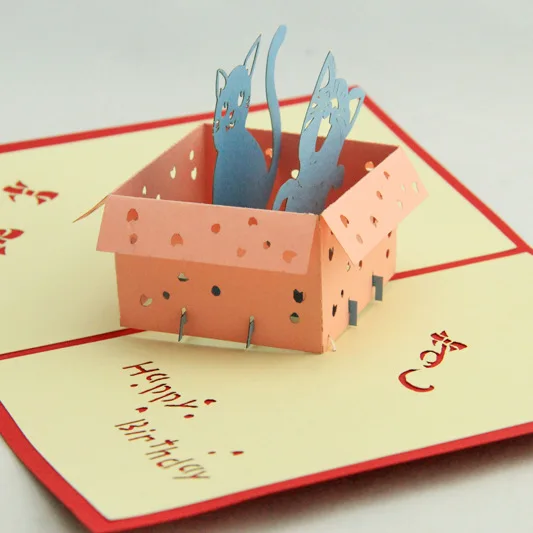 (5P/Lot) Cat in a Box Valentine's Day Cards Handmade creative design craft post card 3D Greeting with envolope 11*15cm |