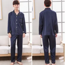 Темно-синий Мужская пижама 2 шт. рубашка брюки сна пижамы наборы пижамы весна осень вискоза шелковая ночная рубашка халат одежда L-XXXL