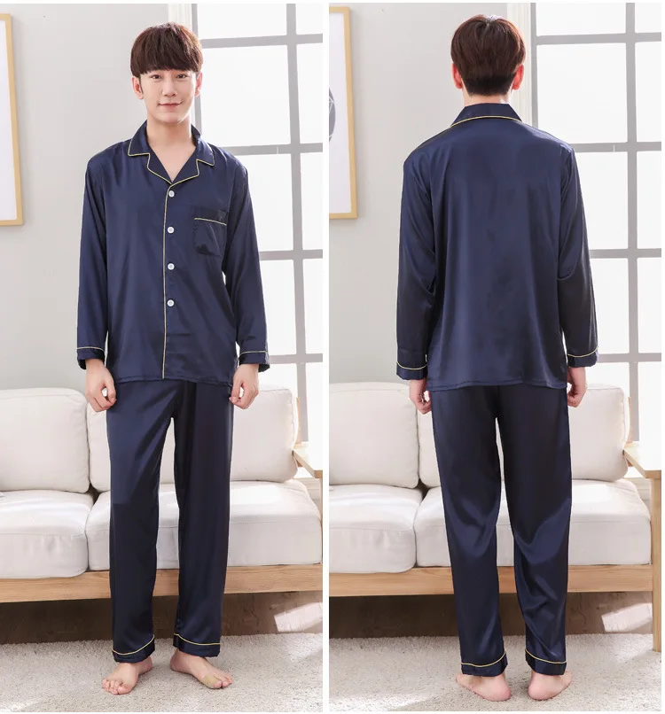 Темно-синий Мужская пижама 2 шт. рубашка брюки сна пижамы наборы пижамы весна осень вискоза шелковая ночная рубашка халат одежда L-XXXL