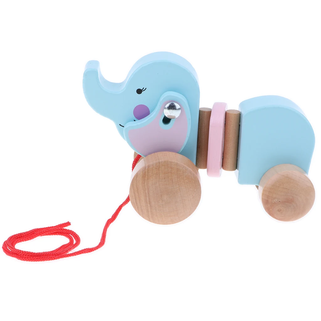 Cute Cartoon Elephant Pull Toy Wooden Walk ALong Pull Walking Toy For Baby Toddler Pull Along Toy for Kids