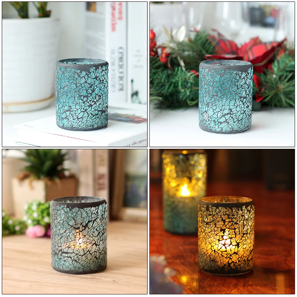 Led Candle , with 4&8 Hours Timer, Battery Operated , Blue Cracked Mosaic Glass, Flicker Candle