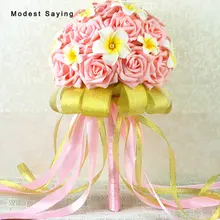 Золотые и розовые цветы Искусственные жемчуг Букеты Свадебные Пластик розы романтический свадебный брошь Букеты Свадебные Accessies