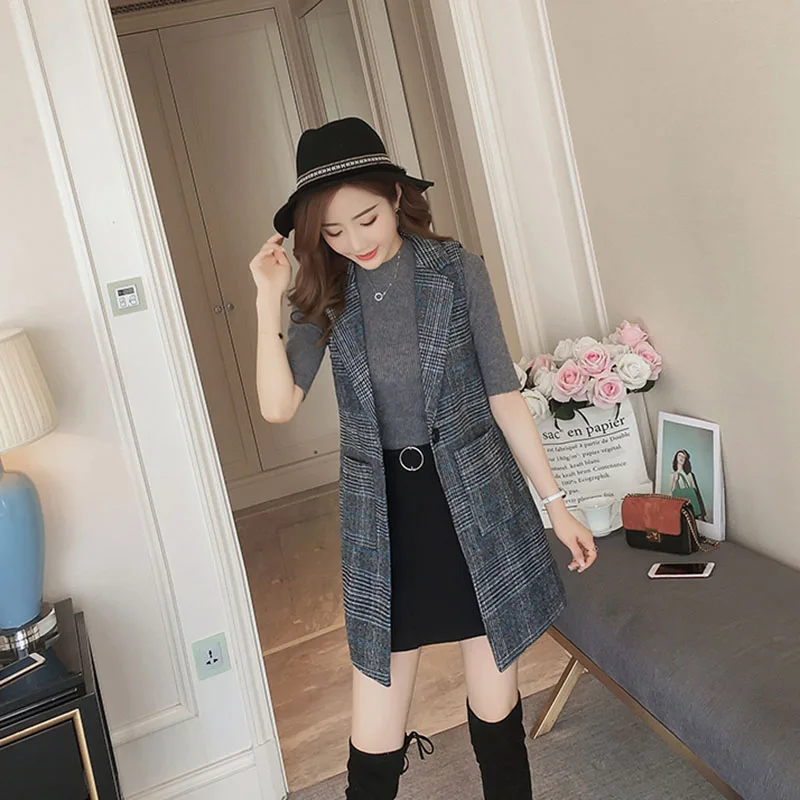 

Plaid suit vest female spring and autumn large size new thin sleeveless Korean fashion blazer vest female long section OK236