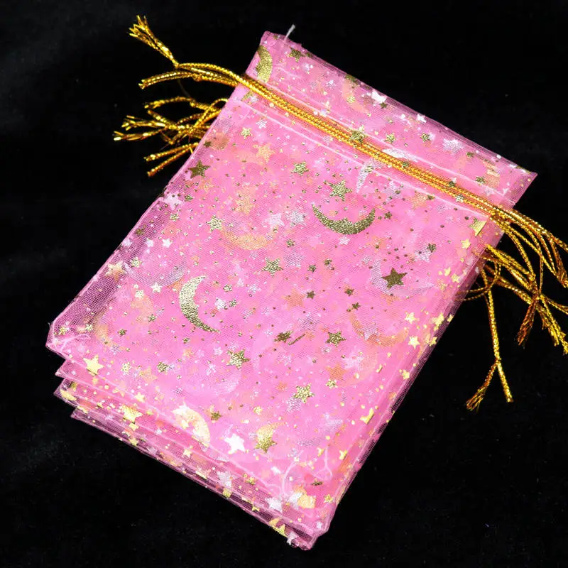 100 шт/партия маленький пакетик из органзы 9x12 см Луна Звезда Свадебные ювелирные изделия Упаковка Сумки симпатичное, на шнурке Подарочная сумка сумки из органзы - Цвет: Розовый