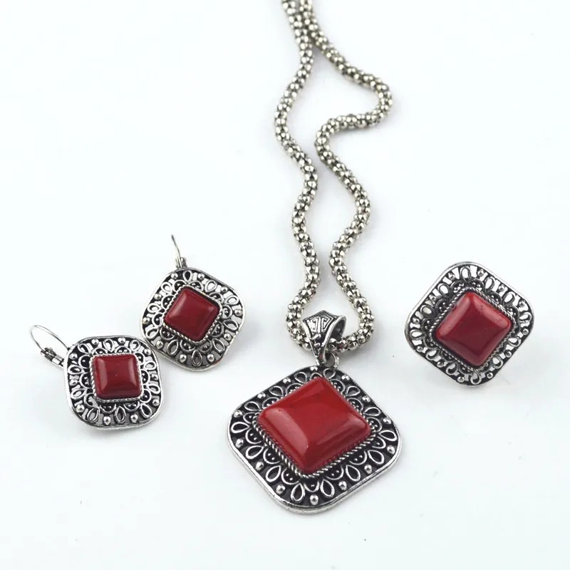 

S115K Square Red Stone Necklace Pendant & Earring & Ring per Set Jewlery Set ,Vintage Look,Tibet Alloy,