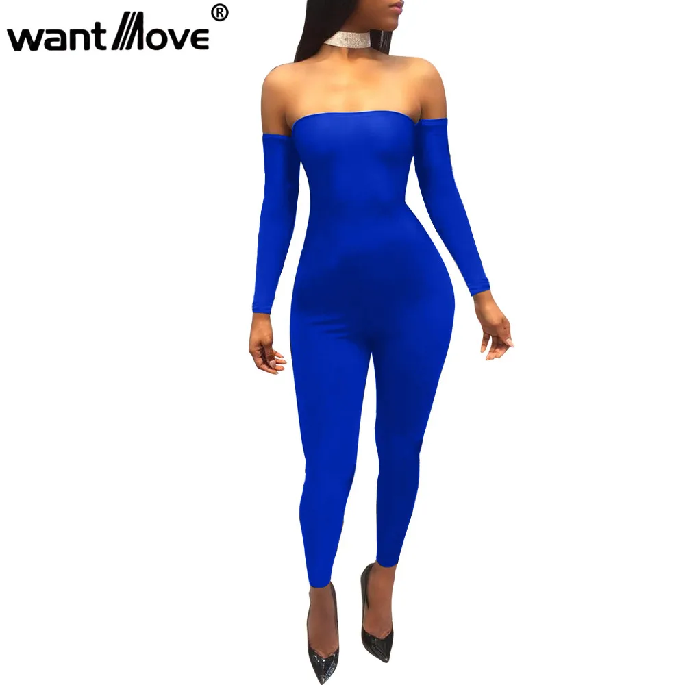 Wantmove 2018 women jumpsuit off the should full sleeve back lace up womens jumpsuits and rompers sexy club bodysuit JZ072