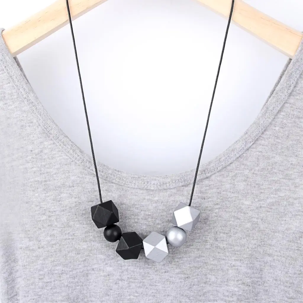 

1Pc Minimalist Black Grey Geometric Shaped Necklaces wooden Beads Lady Girl Classic Holiday Gift Jewelry Accessories E2644