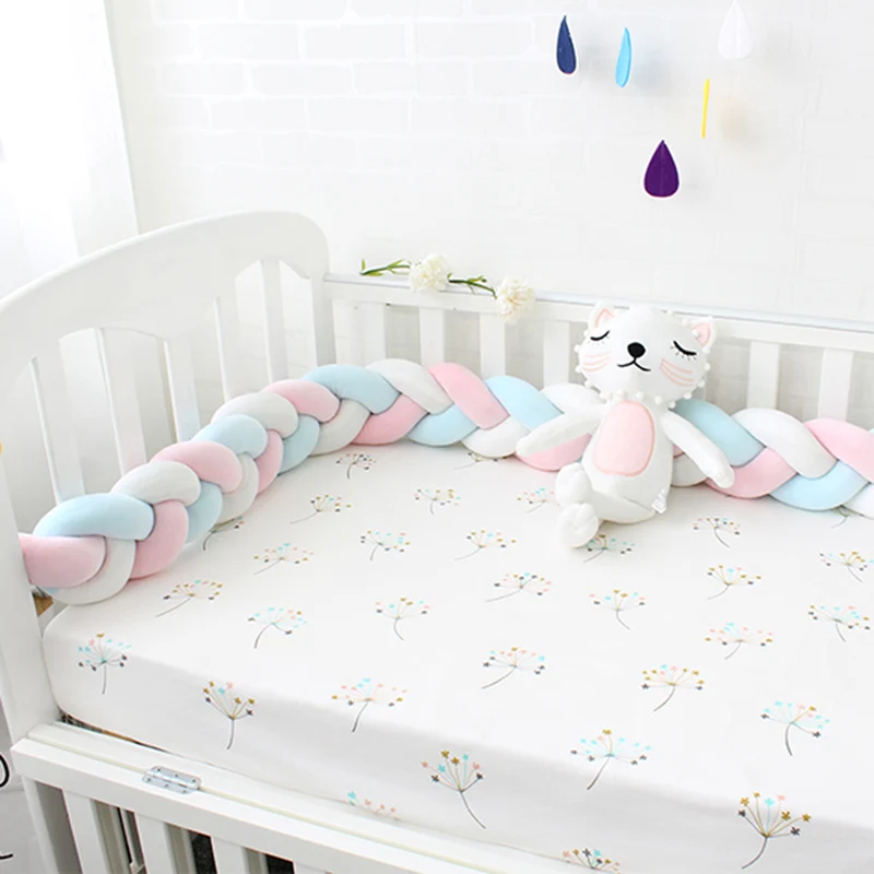 Детский бампер смешанных цветов, тканая плюшевая подушка, защита для кроватки для новорожденных, декор для детской комнаты, от промежности до кроватки, 4 или 3 косички - Цвет: BluePinkWhite