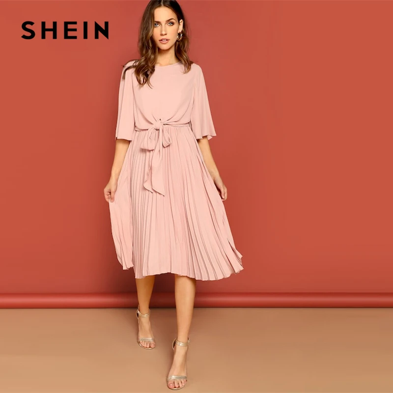 

SHEIN Pink Knot Front Zip Bell Sleeve Round Neck Solid Plain Dress Spring Women Three Quarter Length Sleeve Solid Dresses